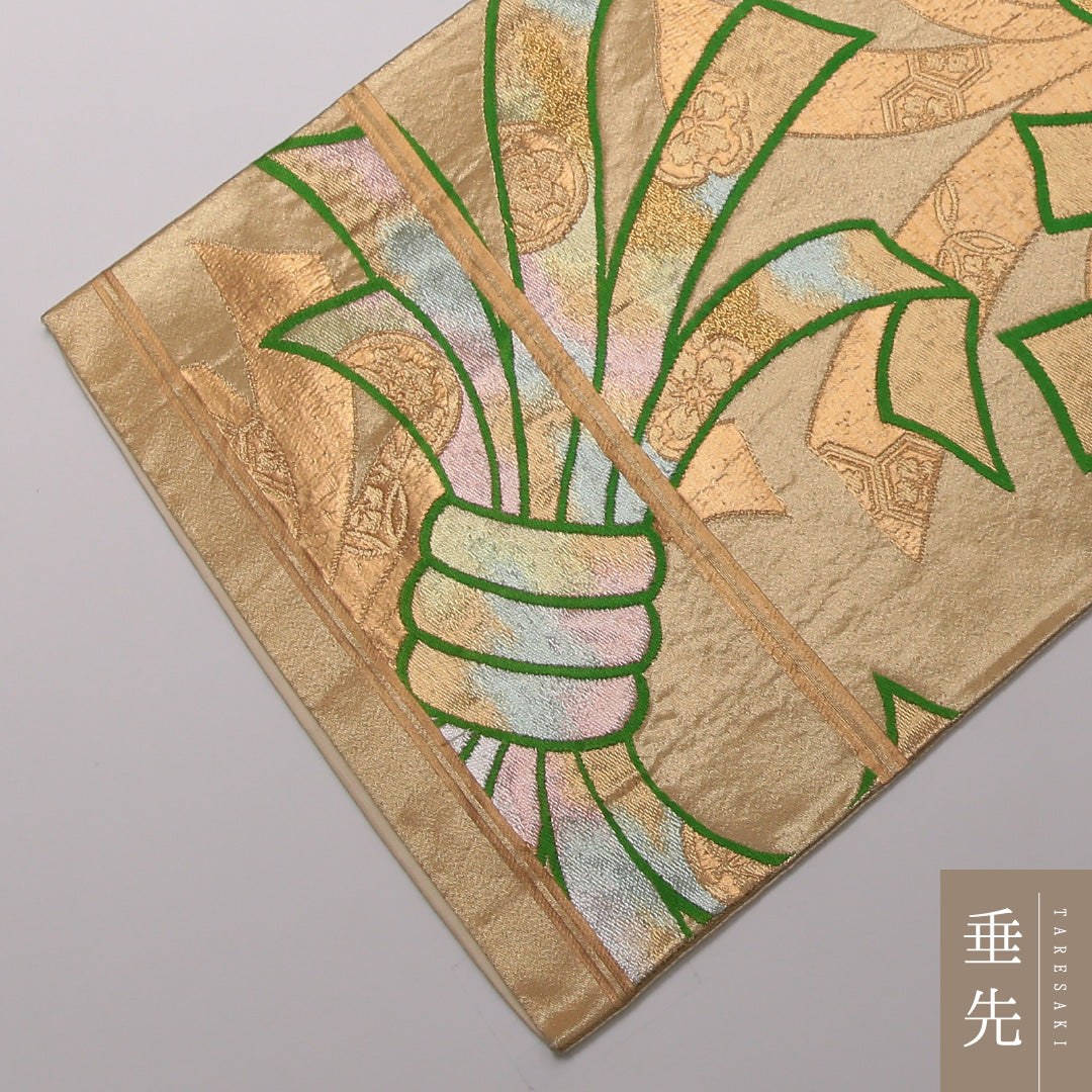 袋帯 帯丈412cm 正絹 六通 帯端のみ未仕立て 帯芯なし フォーマル 唐織 熨斗 金系 1243-01446