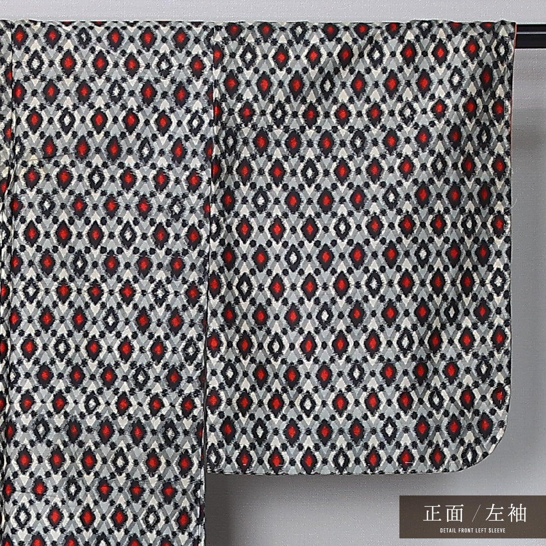 アンティーク 銘仙 身丈150cm 裄丈62cm Cランク S 正絹 袷 広衿 菱 グレー系 1216-12368