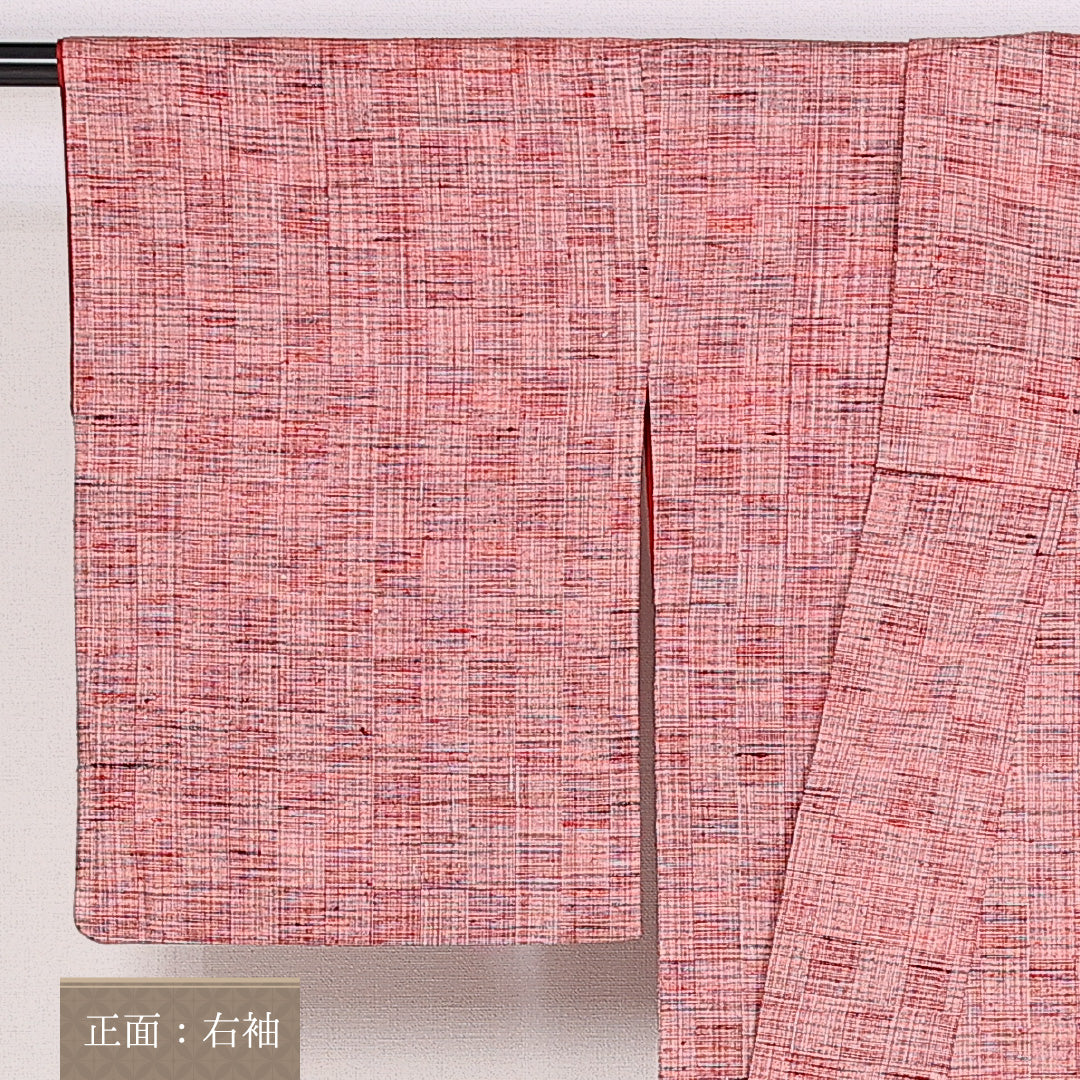 真綿紬 袷 身丈160cm 裄丈53cm 正絹 Sランク カジュアル 広衿 Lサイズ 市松 赤系 RP 1223-10126