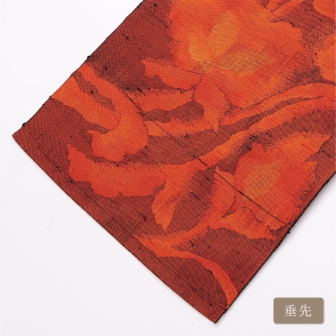 八寸名古屋帯 Sランク 帯丈342cm 正絹 六通 松葉仕立て 織り カジュアル 紬 花柄 朱系 LP 1245-01051