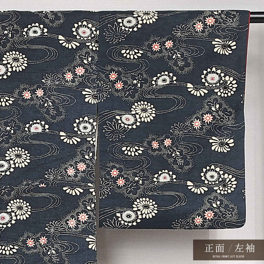 小紋 袷 身丈158cm 裄丈64cm 正絹 Aランク インフォーマル 広衿 Mサイズ 桜川 紺系 RP 1221-13162