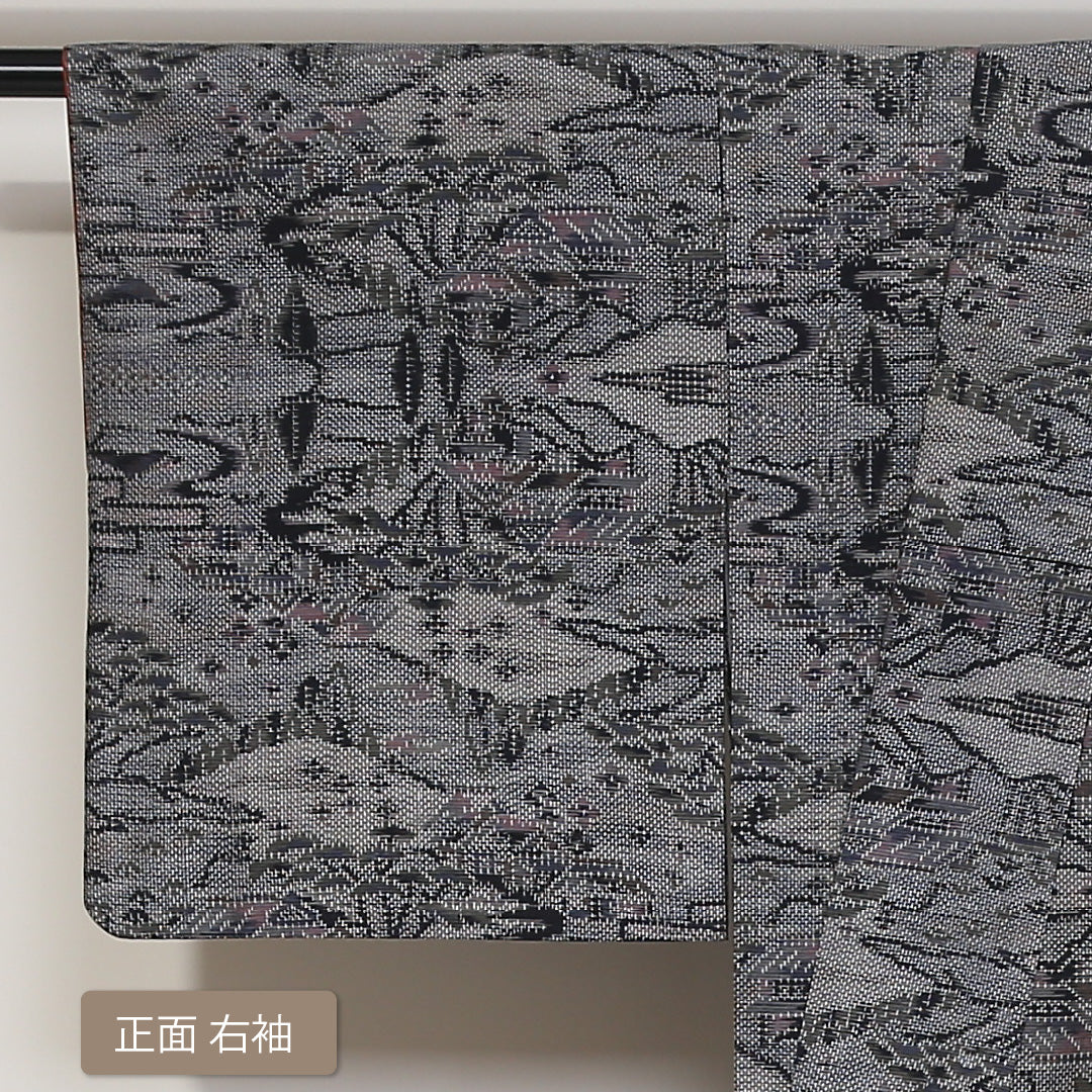 紬 袷 身丈155cm 裄丈64cm 正絹 Sランク カジュアル 広衿 Mサイズ 経緯絣 茶屋辻 グレー系 RP 1223-03145