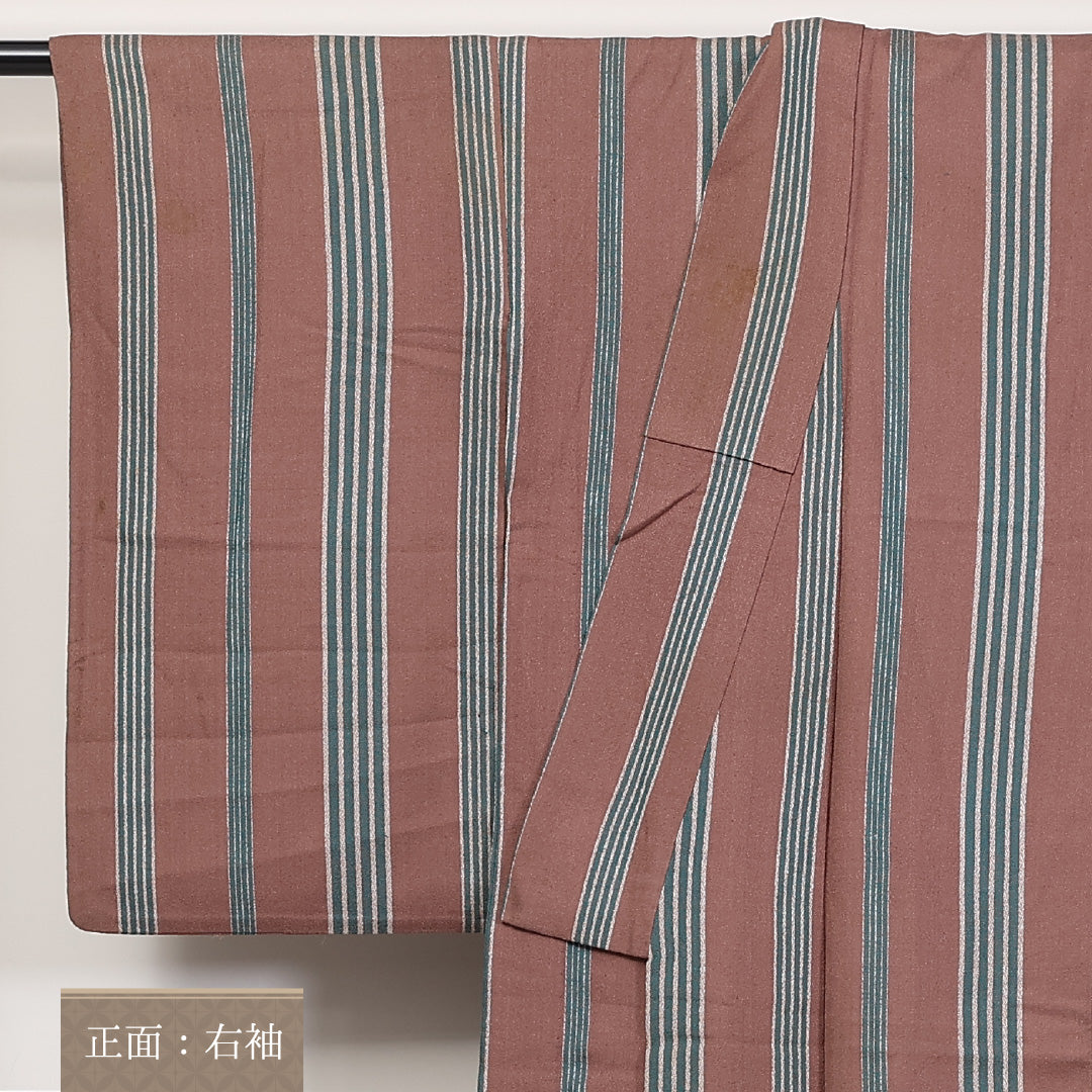 アンティーク 小紋 単衣 身丈147cm 裄丈62cm 正絹 Cランク XSサイズ 広衿 ちりめん 縞 茶系 1215-02298