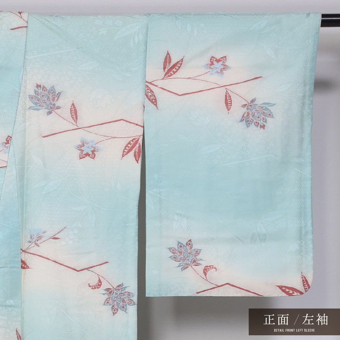 アンティーク お召 袷 身丈150cm 裄丈64cm 正絹 Bランク 広衿 Sサイズ ぼかし染 唐華 水色系 M4 1222-11418