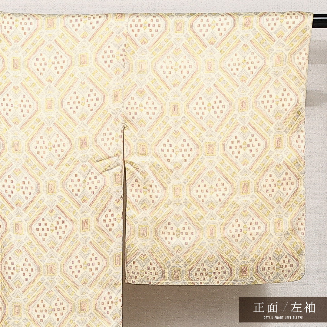 小紋 袷 身丈159cm 裄丈63cm 正絹 Sランク インフォーマル バチ衿 Mサイズ 創作柄 クリーム系 RP 1221-14166