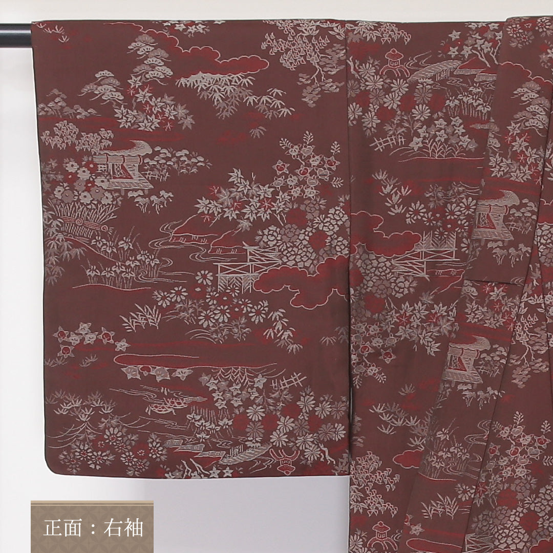 アンティーク お召 単衣 身丈141cm 裄丈63cm 正絹 Aランク バチ衿 XSサイズ 茶屋辻 茶系 RP 1222-03447