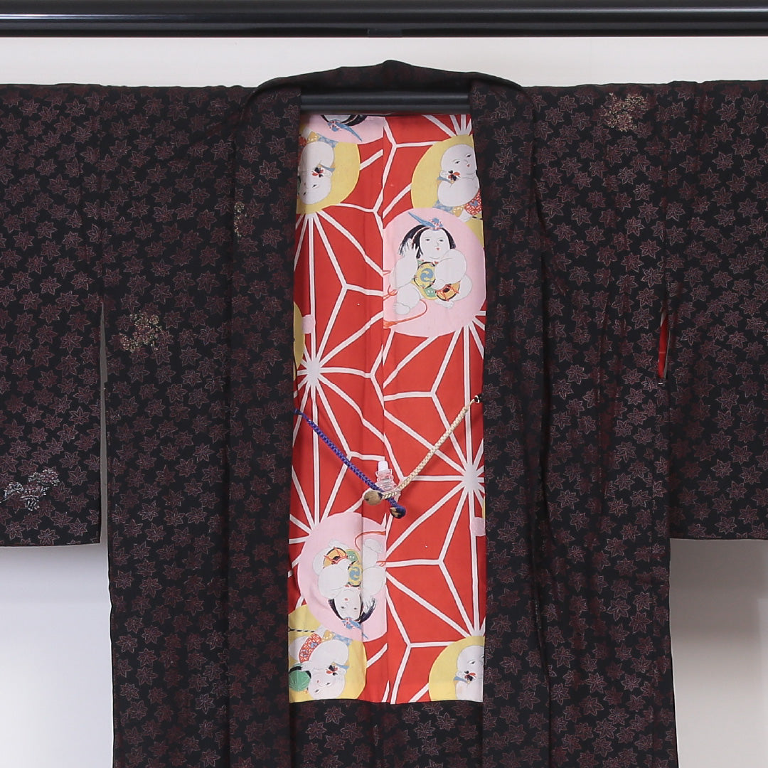 アンティーク 黒羽織 身丈92cm 裄丈62cm S 正絹 紅葉 金彩 紐あり 黒系 Aランク 1217-00758