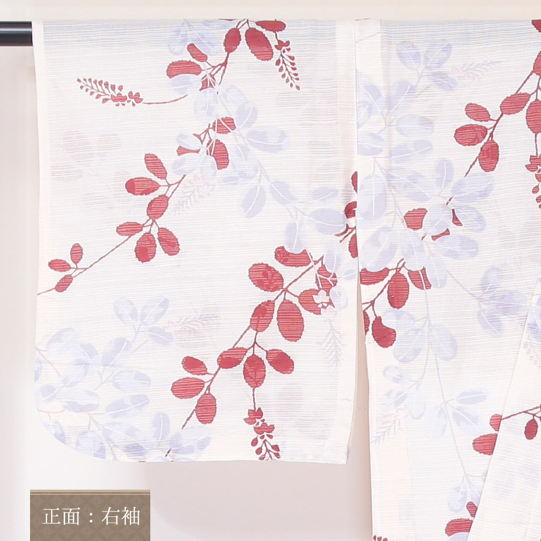 小紋 絽 身丈138cm 裄64cm 麻 洗える着物 萩 居敷当て 白系 Sランク 1215-02269