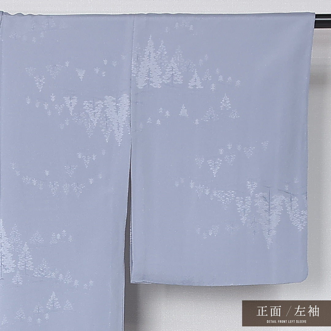 色無地 身丈161cm 裄丈63cm Sランク L 正絹 単衣 バチ衿 地紋あり 一つ紋 五三桐 樹木 セミフォーマル グレー系 1214-12183