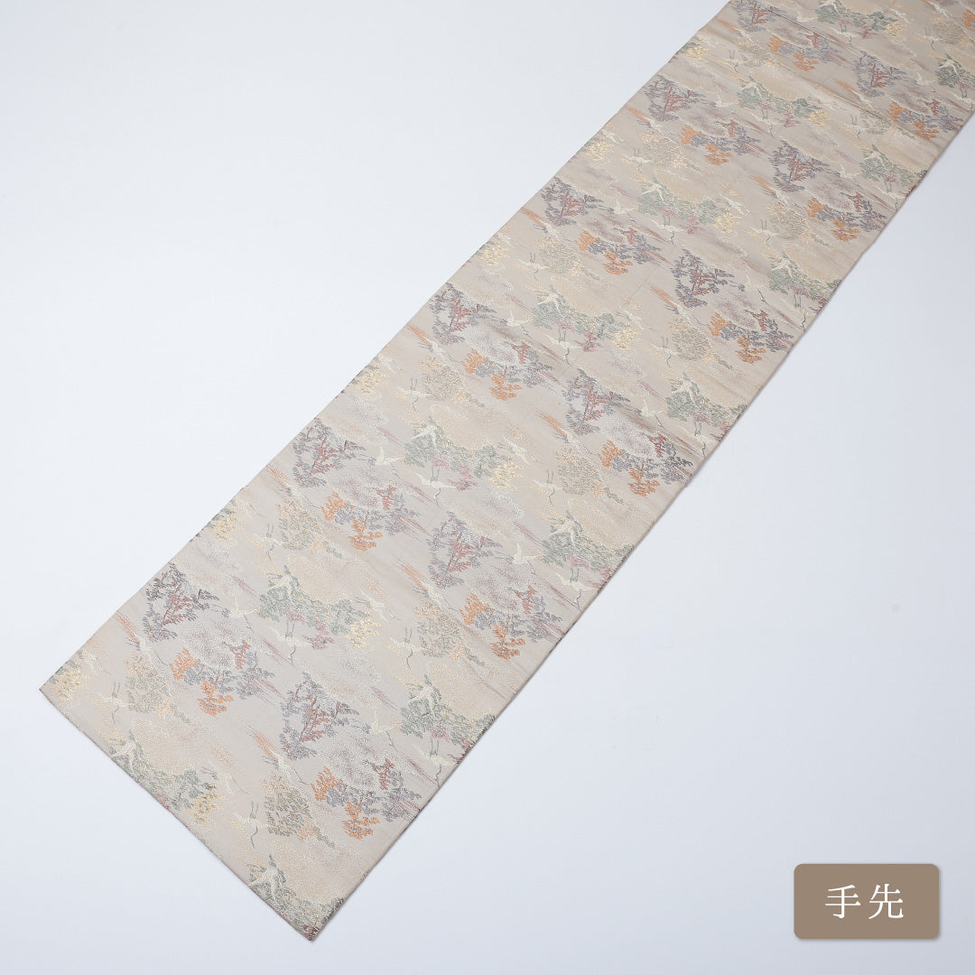 アンティーク 丸帯 帯丈402cm 全通 唐織 吉祥文様 松 フォーマル クリーム系 正絹 Aランク 1223-00585