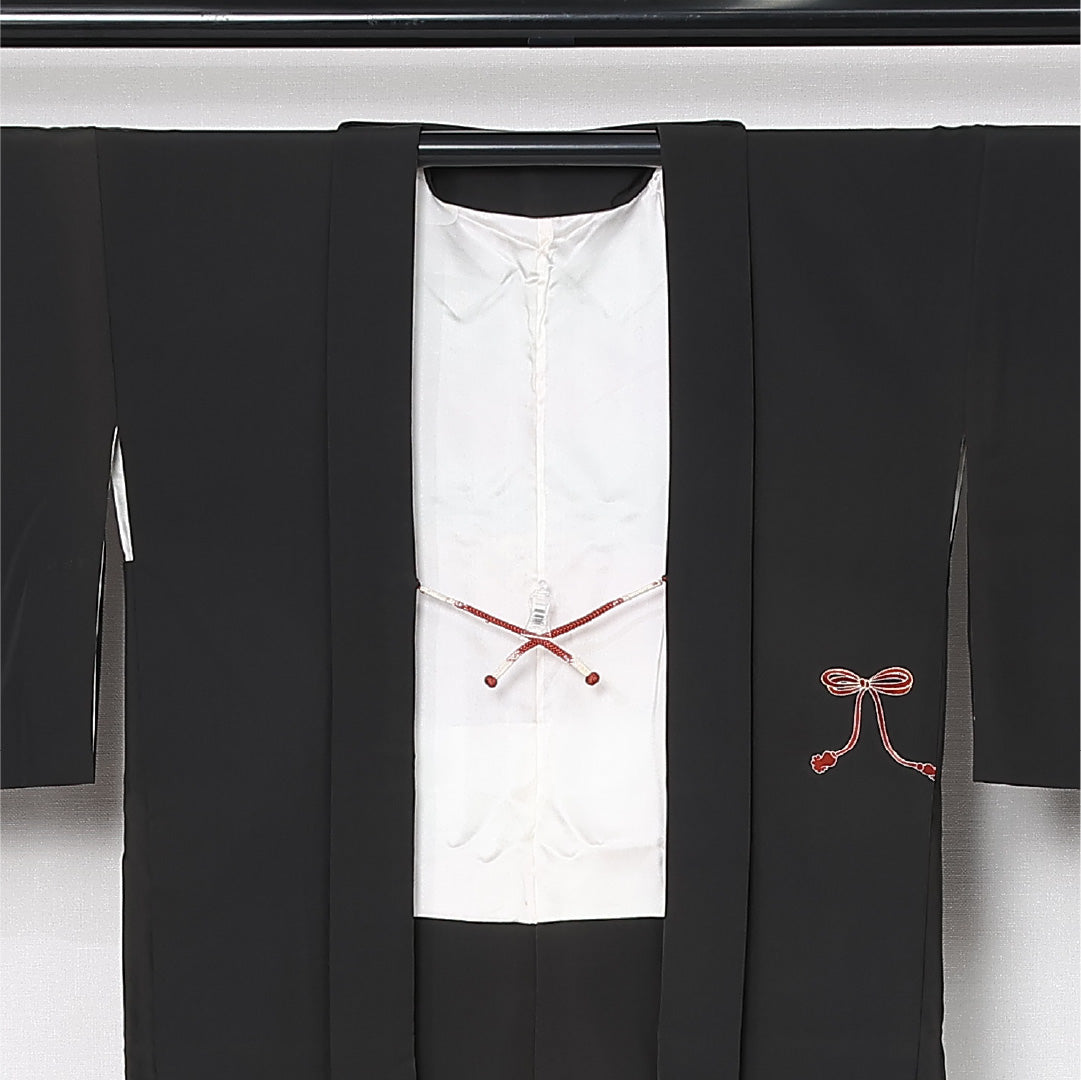 黒羽織 袷 身丈80cm 裄丈64cm 正絹 Cランク インフォーマル Mサイズ 紐あり 組紐 吉祥文様 黒系 HP 1233-12937