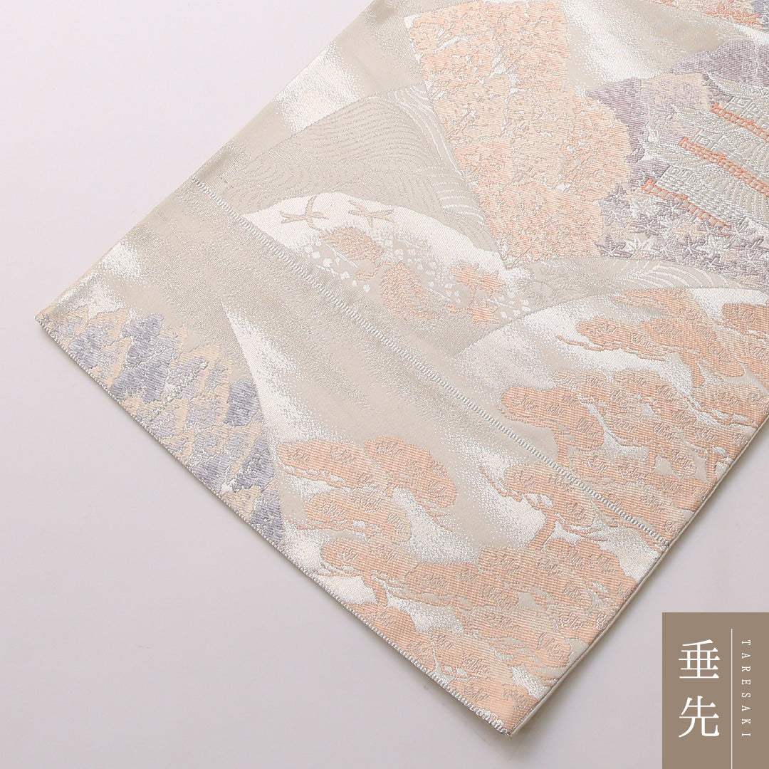 袋帯 帯丈428cm 六通 セミフォーマル Bランク 正絹 京洛百景 古典的 しとやか クリーム系 1223-01643