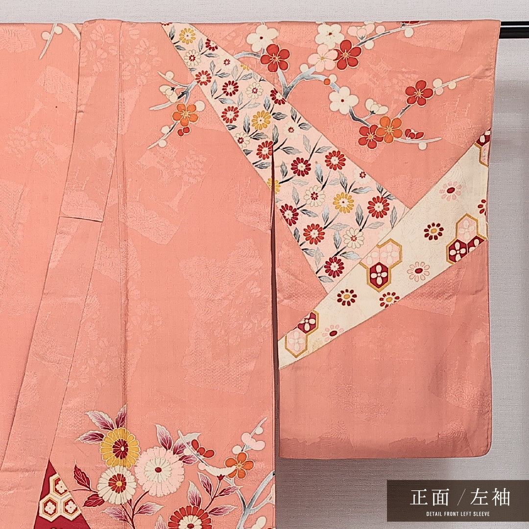 アンティーク 訪問着 (錦紗) 袷 身丈152cm 裄丈62cm 正絹 Aランク バチ衿 Sサイズ 吉祥文様 ピンク系 M4 1217-14233