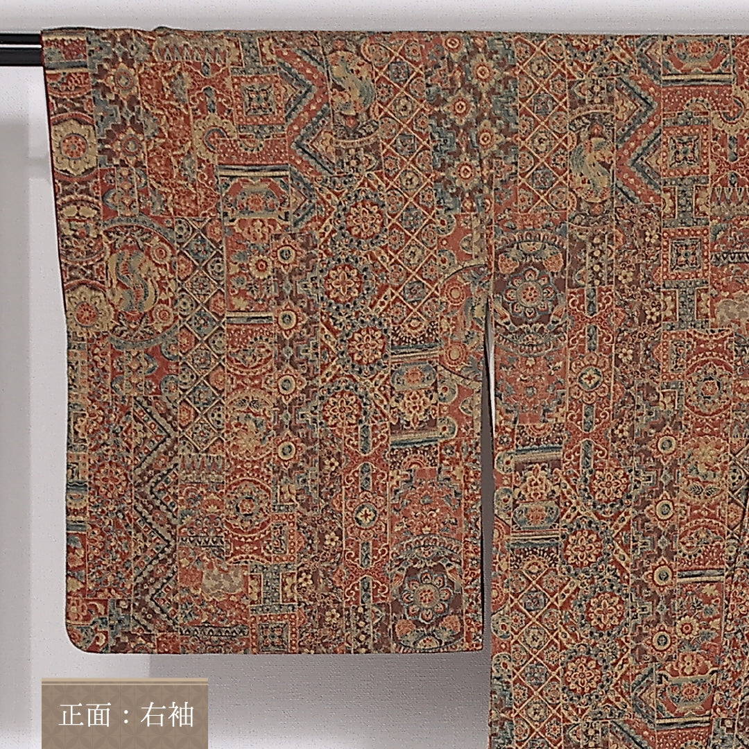 小紋 袷 身丈165cm 裄63cm 正絹 更紗 茶系 ちりめん Sランク 1215-02475