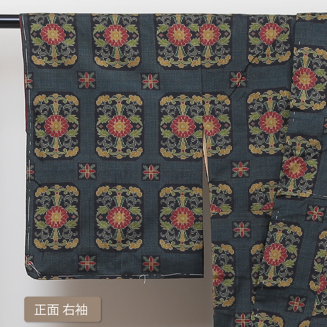 大島紬 袷 身丈156cm 裄丈62cm 正絹 Aランク インフォーマル 広衿 Mサイズ しつけ糸 菊 緑系 RP 1223-02938