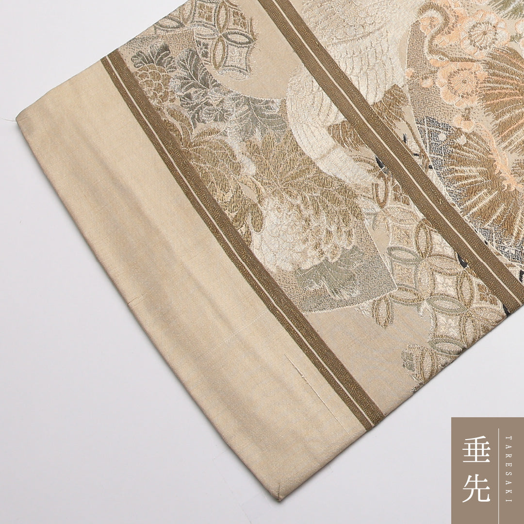 アンティーク 丸帯 帯丈394cm 正絹 全通 扇面文 松鶴 クリーム系 1242-01409