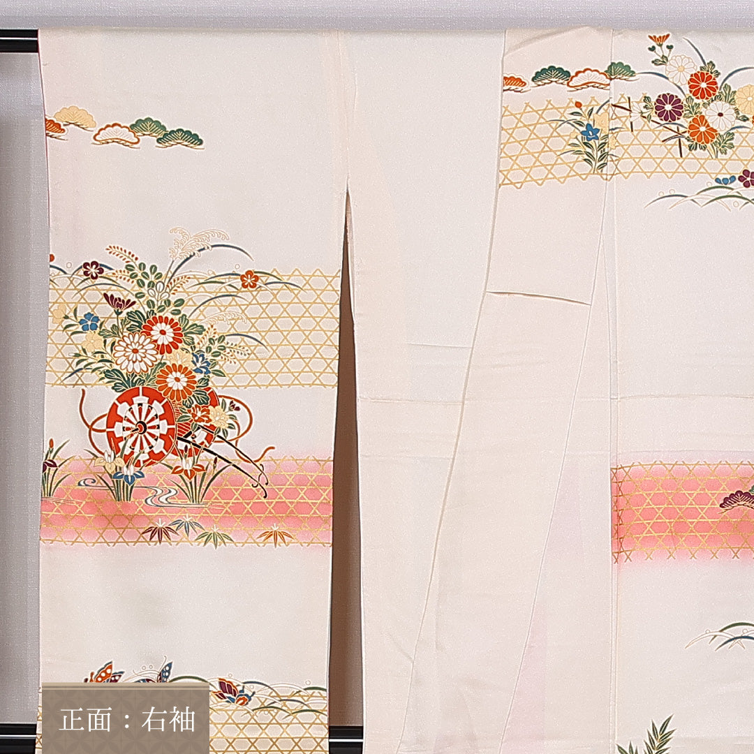 振袖 身丈161cm 裄丈64cm 袷 正絹 Sランク 広衿 笠松 花車 流水 菖蒲 籠目 1213-F0336