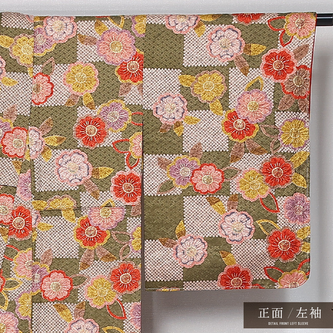 小紋 袷 身丈165cm 裄丈66cm 正絹 Sランク インフォーマル 広衿 XLサイズ 辻が花 市松 多色系 RP 1221-12061