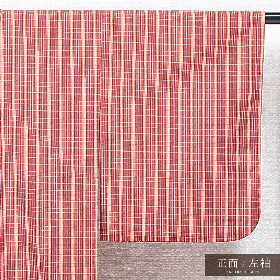 紬 単衣 身丈156cm 裄丈63cm 正絹 Sランク カジュアル バチ衿 Mサイズ 居敷当て 格子 赤系 RP 1223-14879