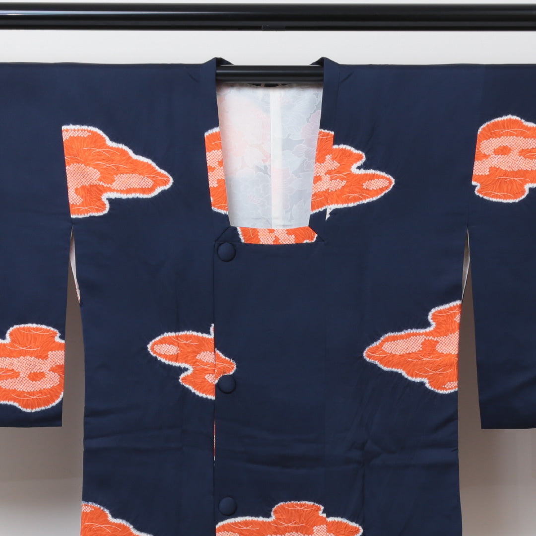 道行コート 袷 身丈87cm 裄丈62cm 正絹 Sランク Sサイズ フォーマル 雲取り 紺系 1263-05679