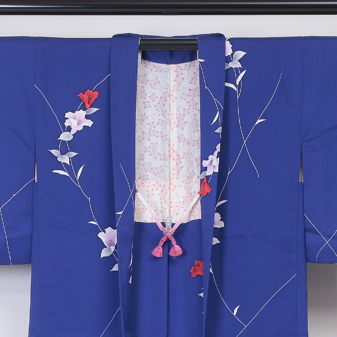 羽織 袷 身丈82cm 裄丈65cm 正絹 Sランク Mサイズ カジュアル 紐あり 植物柄 青系 1217-05935