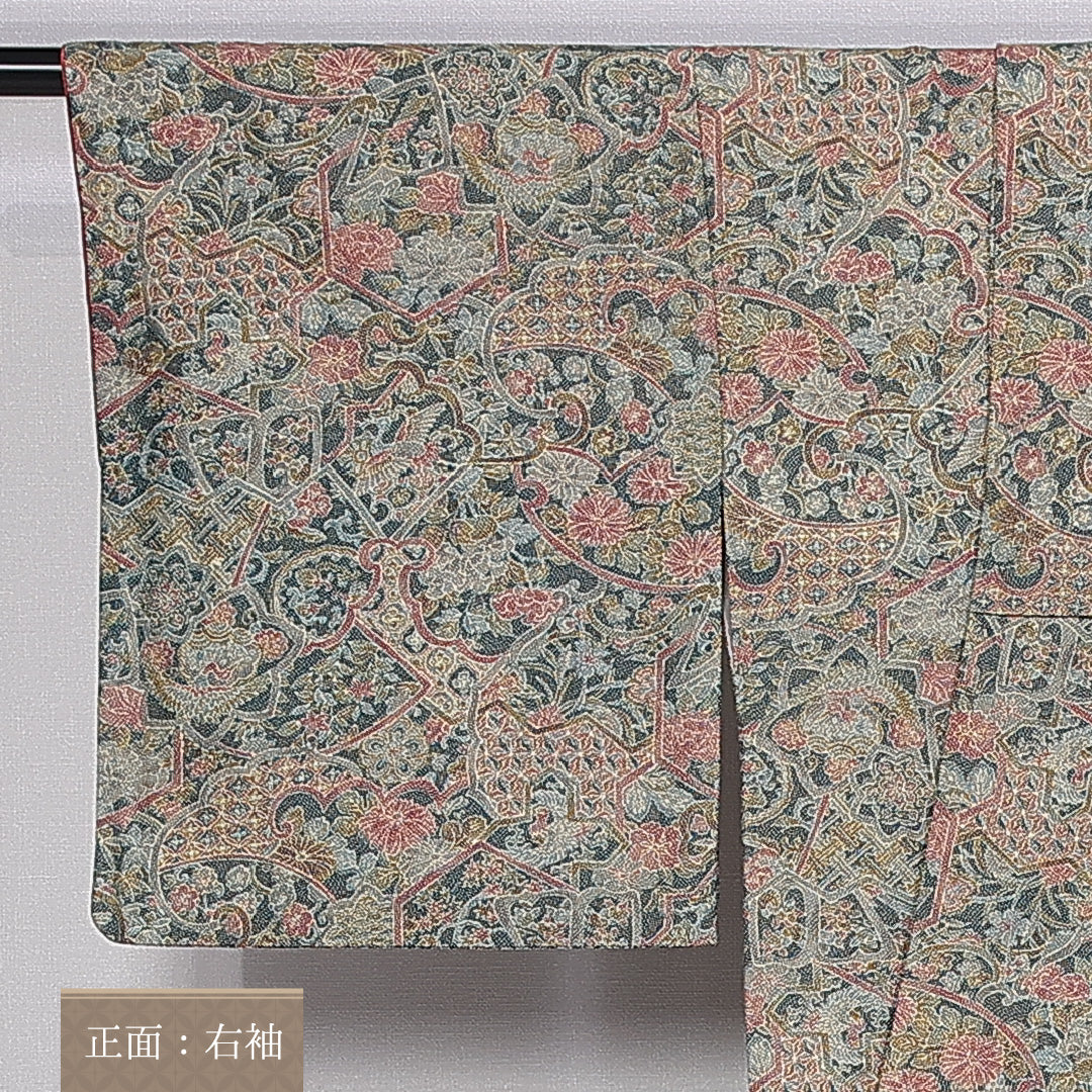 小紋 袷 身丈151cm 裄丈62cm 正絹 Sランク インフォーマル 広衿 Sサイズ 唐草 花柄 緑系 RP 1221-10532
