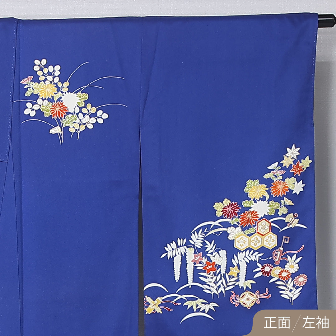 小振袖 身丈168cm 裄丈65cm Aランク 袷 正絹 M 広衿 吉祥文様 古典柄 菊 藤 桔梗 花柄 萩 青系 1213-F0444
