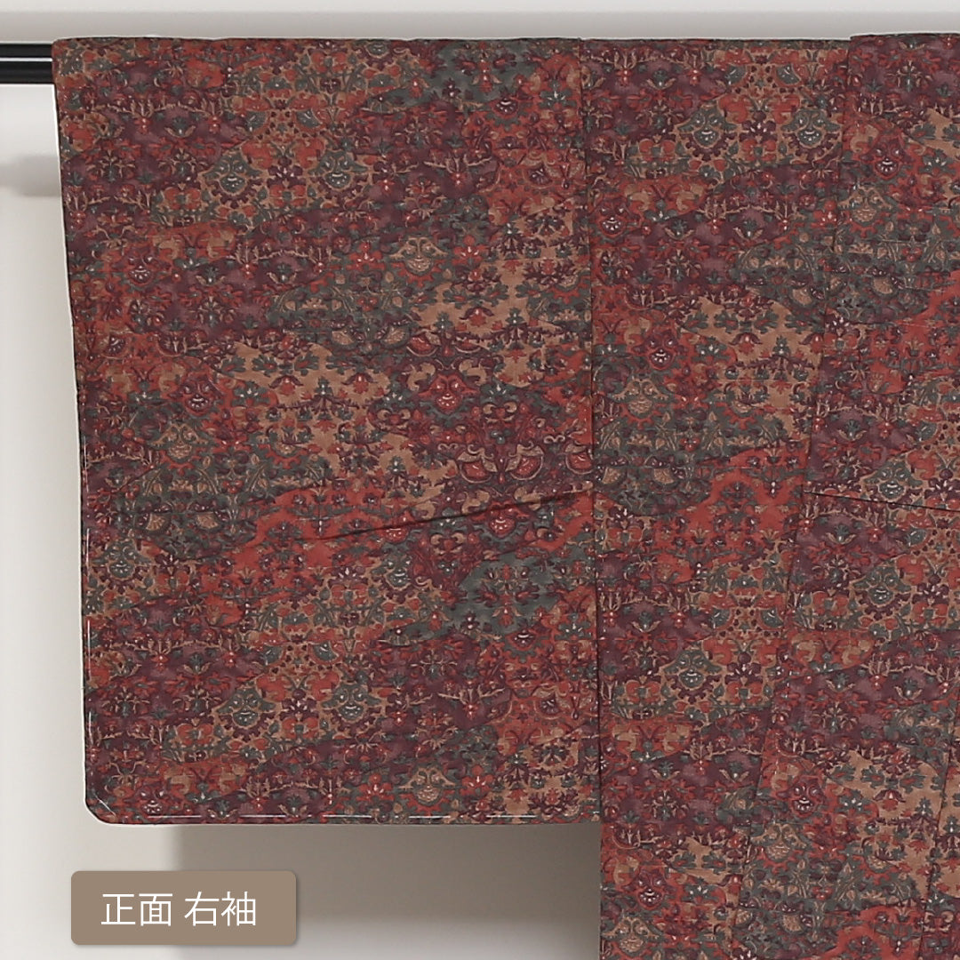 紬 袷 身丈173cm 裄65cm 正絹 茶系 Sランク 更紗 しつけ糸 1216-00661-2614