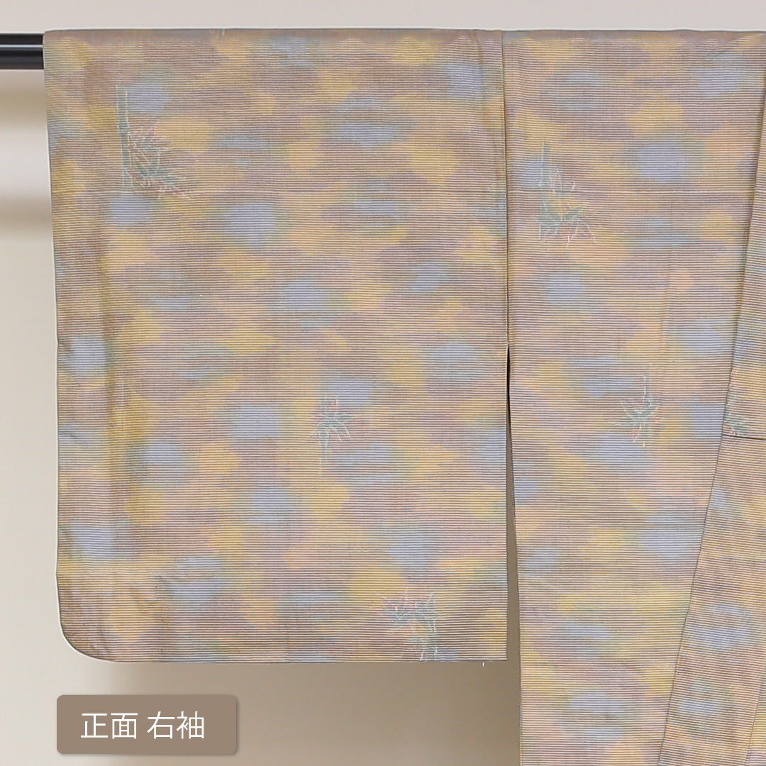紬 袷 身丈155cm 裄丈62cm 正絹 Aランク カジュアル バチ衿 Mサイズ ぼかし染 笹 黄系 RP 1223-03175