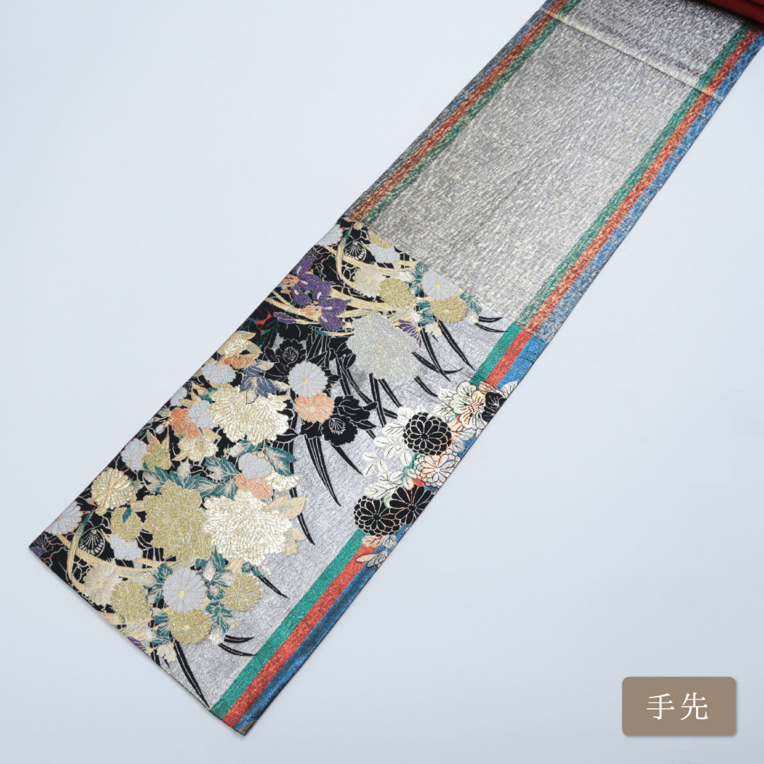 袋帯 帯丈432cm 六通 唐織 牡丹 菊 吉祥文様 振袖帯 フォーマル 黒系 正絹 Sランク 1223-00335