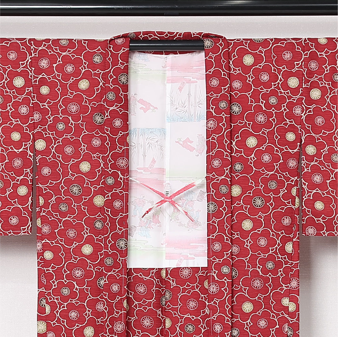 洗える着物 羽織 袷 身丈75cm 裄丈64cm ポリエステル Sランク カジュアル Mサイズ 紐あり 梅 赤系 RP 1232-12805