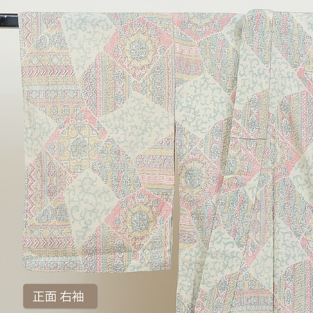 小紋 単衣 身丈150cm 裄63cm クリーム系 ウール Aランク 1215010243215