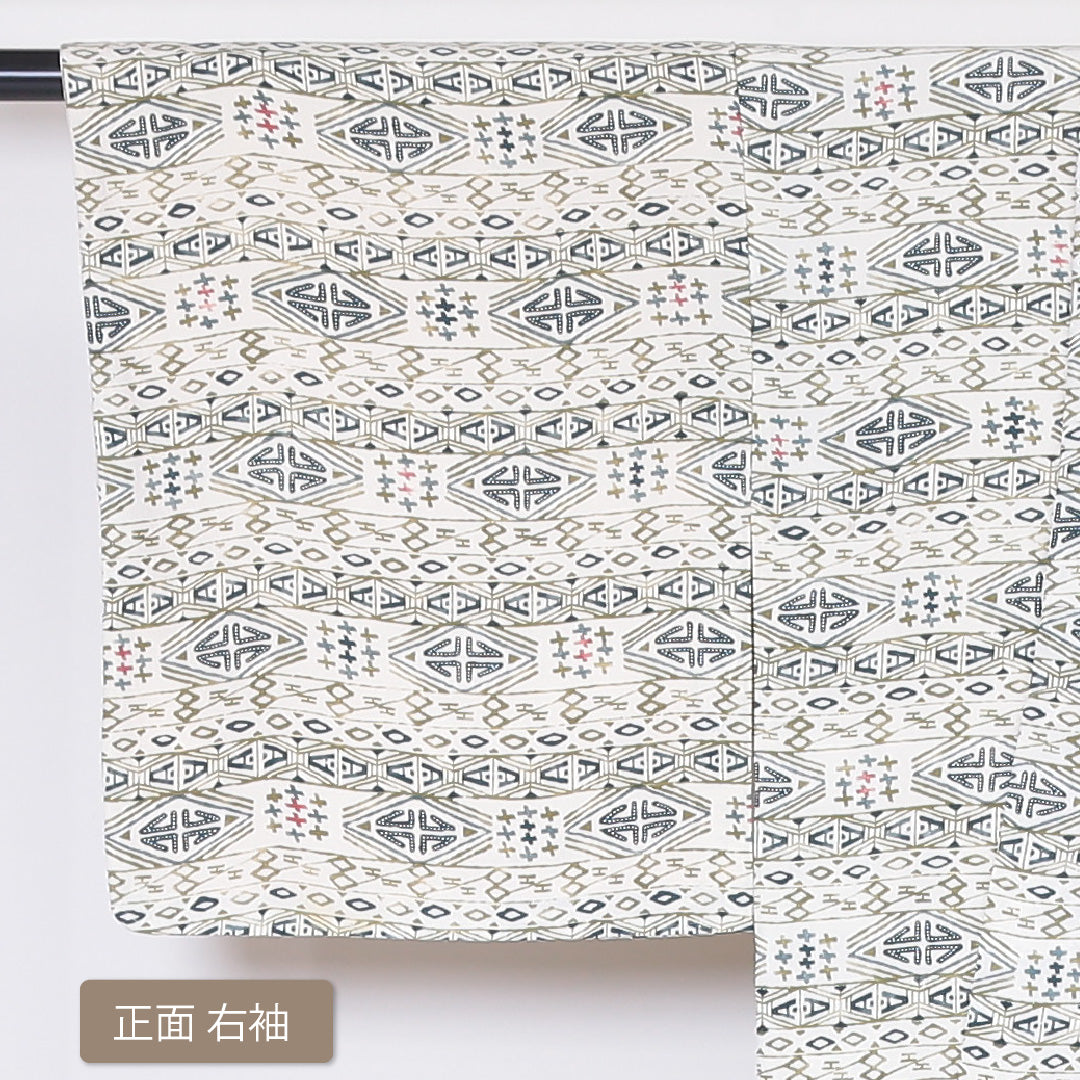 小紋 ちりめん 袷 身丈150cm 裄63.5cm 白系 幾何学 正絹 Sランク 1215-01853-2211