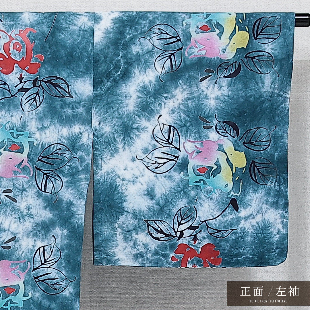 浴衣 夏物 洗える着物 身丈159cm 裄丈65cm Aランク 木綿 バチ衿 Mサイズ カジュアル 花柄 モダン 華やか 青系 緑系 1218-14276