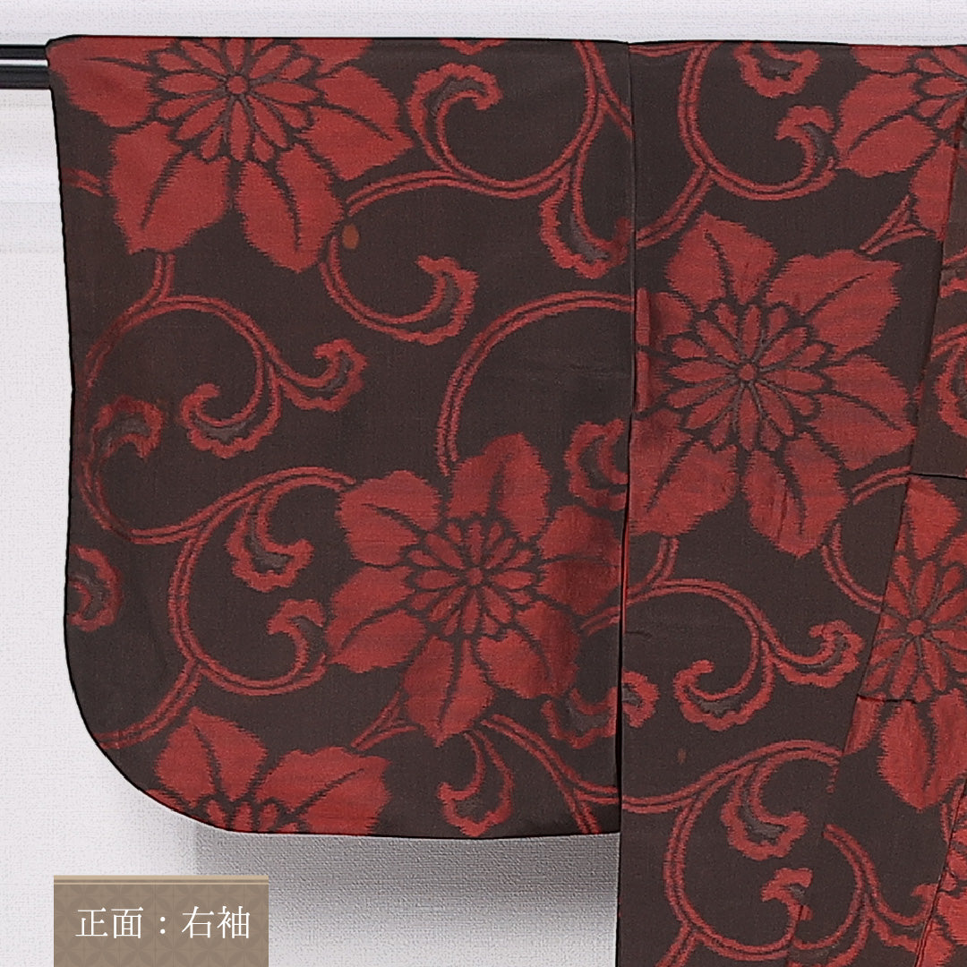 アンティーク お召 袷 身丈149cm 裄丈60cm 正絹 Aランク バチ衿 XSサイズ 唐華 黒系 PO 1222-10961
