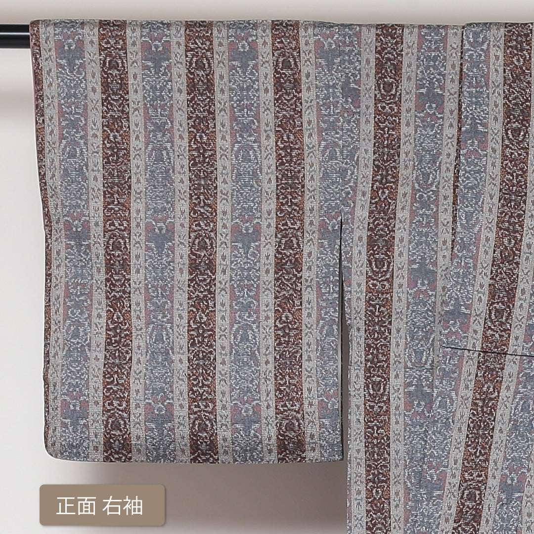 洗える着物 小紋 袷 身丈155cm 裄丈63cm ポリエステル Sランク インフォーマル 広衿 Mサイズ 縞 ペルシャ文様 グレー系 RP 1221-01601