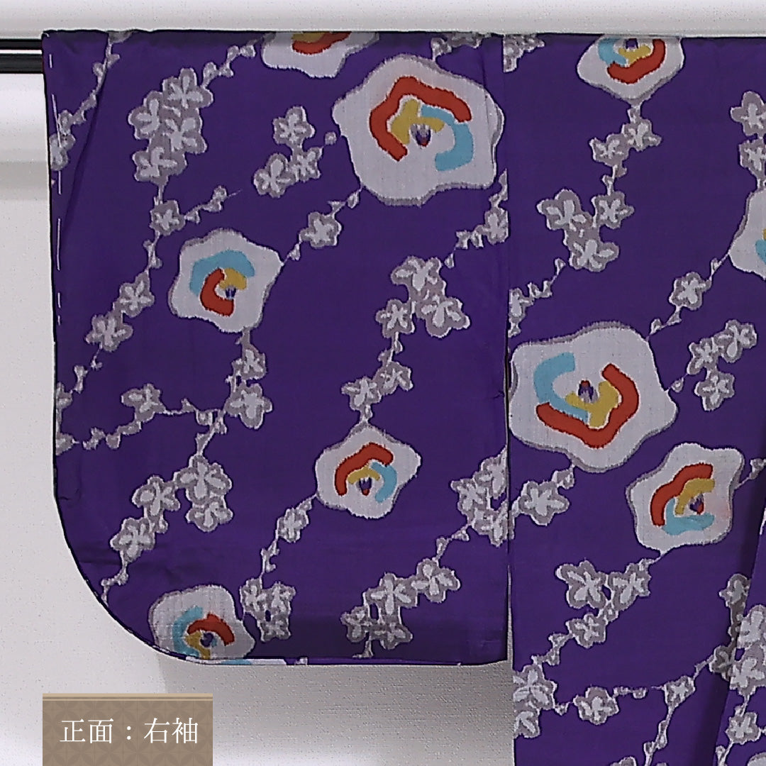 アンティーク 銘仙 紬 袷 身丈142cm 裄62.5cm 正絹 花柄 紫系 Dランク 1216-01432