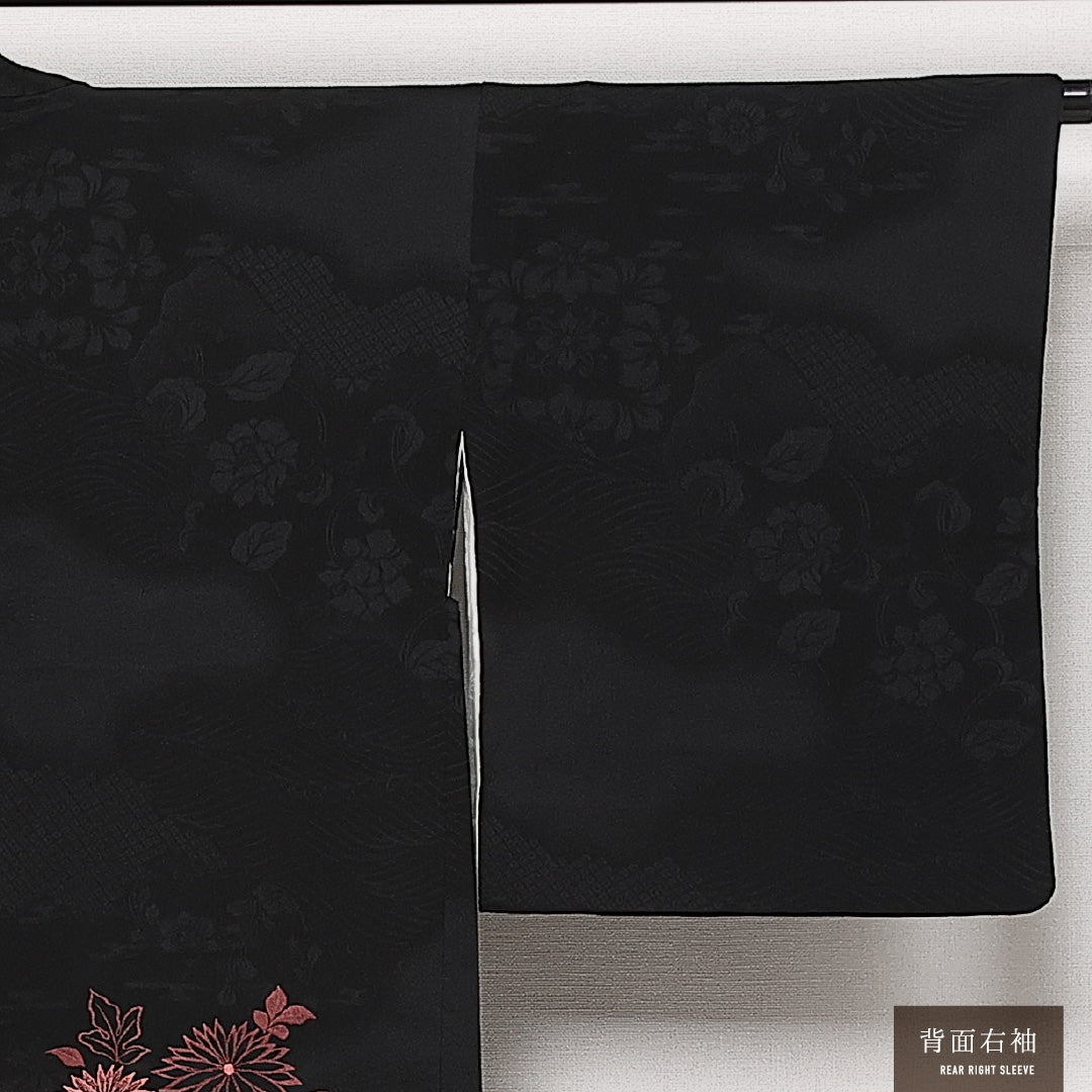 黒羽織 袷 身丈775cm 裄丈64cm 正絹 Aランク インフォーマル Mサイズ 刺繍 紐あり 菊 黒系 RP 1233-13744