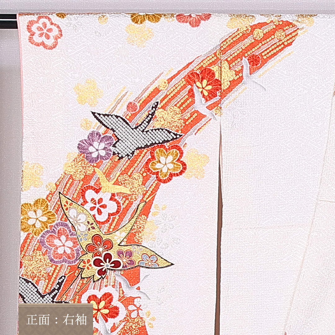 振袖 身丈154cm 裄丈63cm 袷 正絹 Sランク 広衿 梅 鶴 金糸 1213-F0381