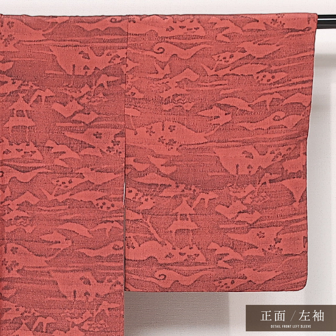 小紋 袷 身丈153cm 裄丈63cm 正絹 Sランク インフォーマル 広衿 Sサイズ 創作柄 朱系 RP 1221-13303