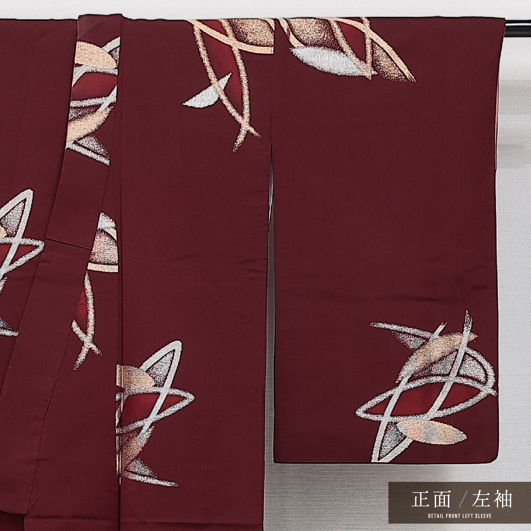 アンティーク お召 袷 身丈149cm 裄丈61cm Bランク 正絹 バチ衿 XSサイズ 漆糸 古典的 存在感 茶系 赤系 1265-14567