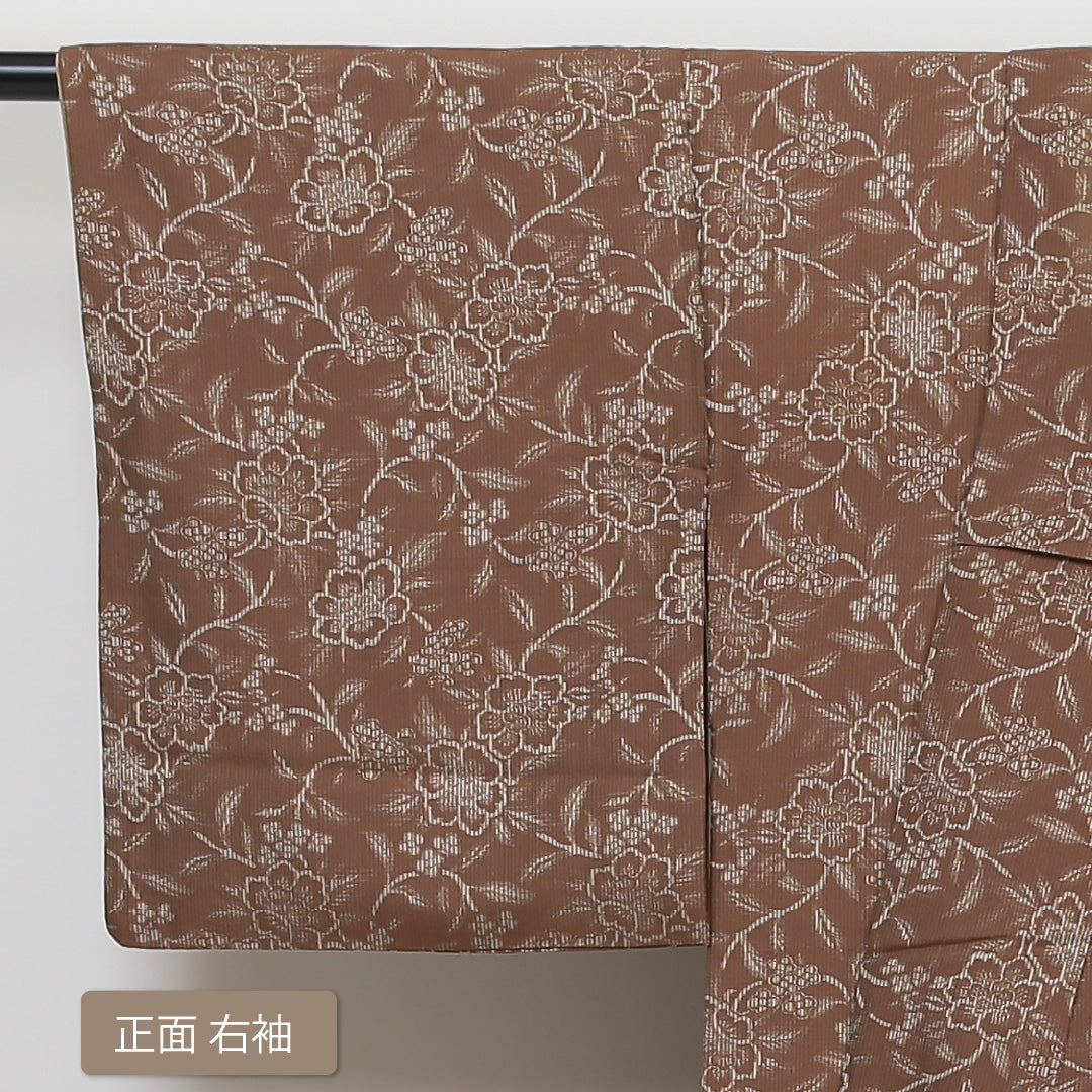 アンティーク 小紋 袷 身丈152cm 裄丈63cm 正絹 Bランク 広衿 Sサイズ 牡丹 茶系 RP 1221-01352