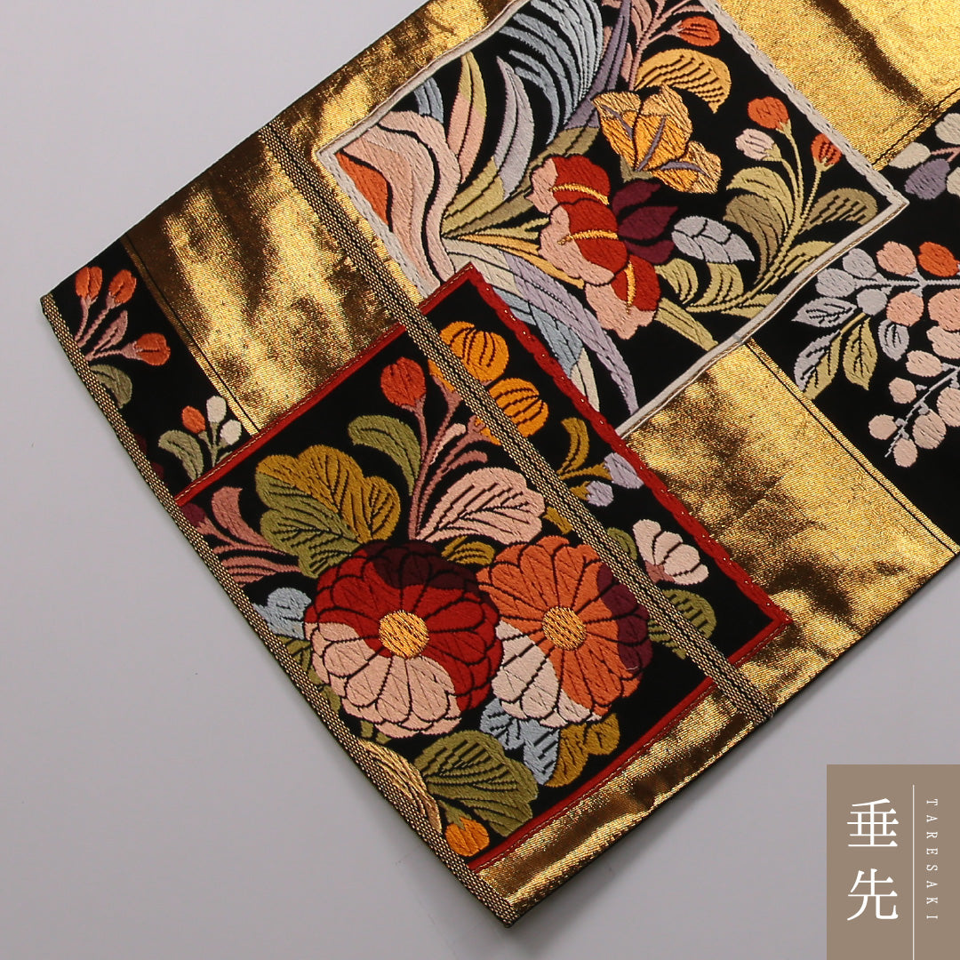 袋帯 帯丈432cm 全通 フォーマル Sランク 正絹 花柄 花絵札 菖蒲 古典的 華やか 金系 1223-01431