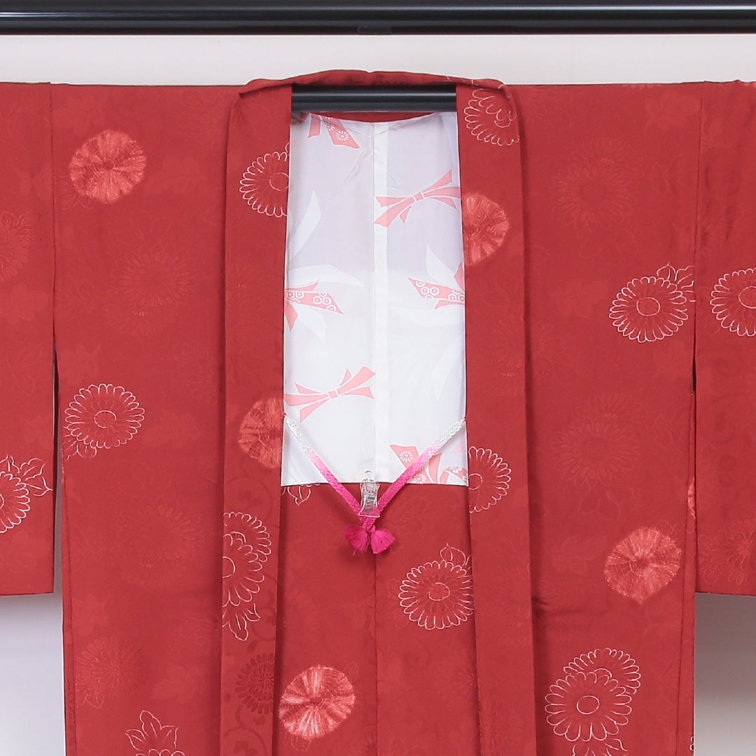 羽織 袷 身丈80cm 裄丈65cm 正絹 Sランク 紋意匠 (植物柄) カジュアル Mサイズ 絞り 紐あり 花柄 赤系 RP 1232-06035