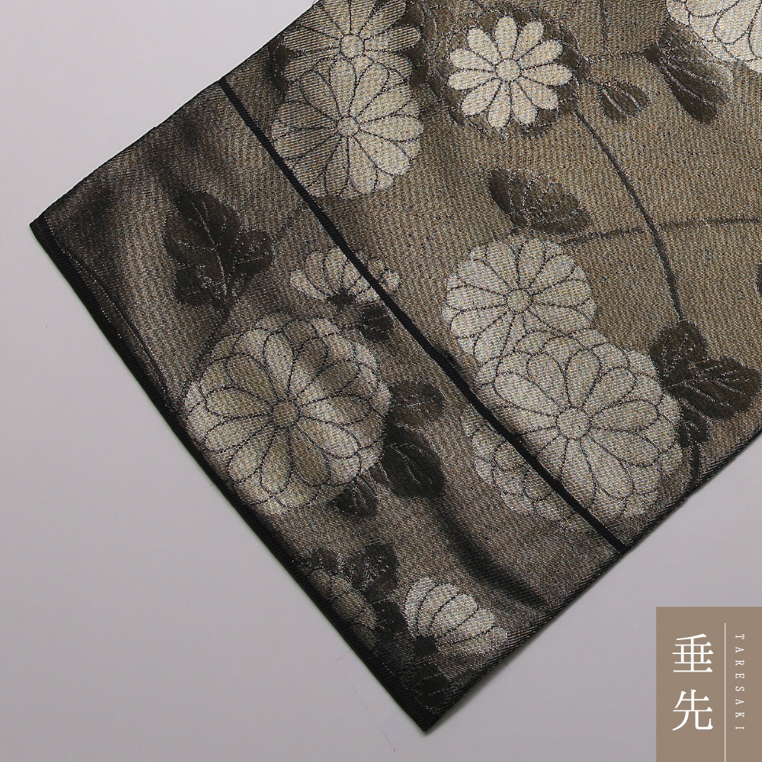 袋帯 帯丈428cm 六通 フォーマル Sランク 正絹 花柄 シック気品 黒系 1223-01436