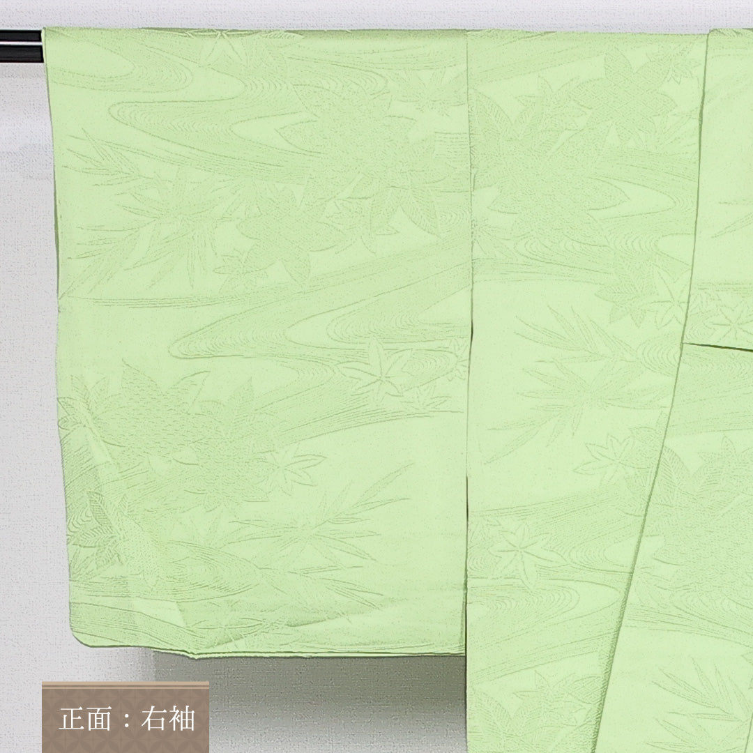 色無地 袷 身丈150cm 裄丈62cm 正絹 Sランク Sサイズ 広衿 インフォーマル 紋意匠 笹 緑系 1214-10339
