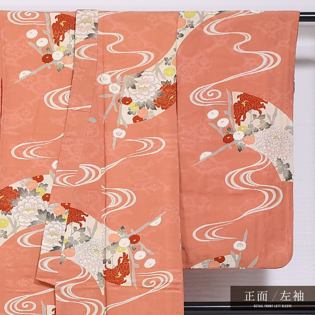アンティーク 小紋 袷 身丈145cm 裄丈60cm 正絹 Bランク バチ衿 XSサイズ 小振袖 流水 菊 ピンク系 M4 1221-11677