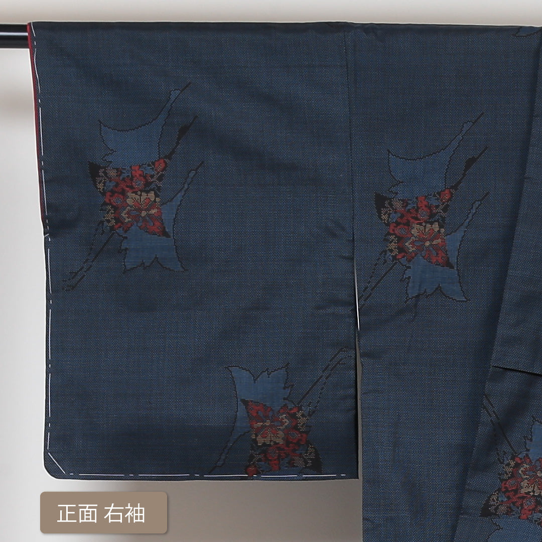 未使用品 紬(大島紬) 袷 身丈168cm 裄丈65cm 正絹 Sランク XLサイズ 広衿 インフォーマル 経緯絣 鶴 しつけ糸 紺系 1216-02983