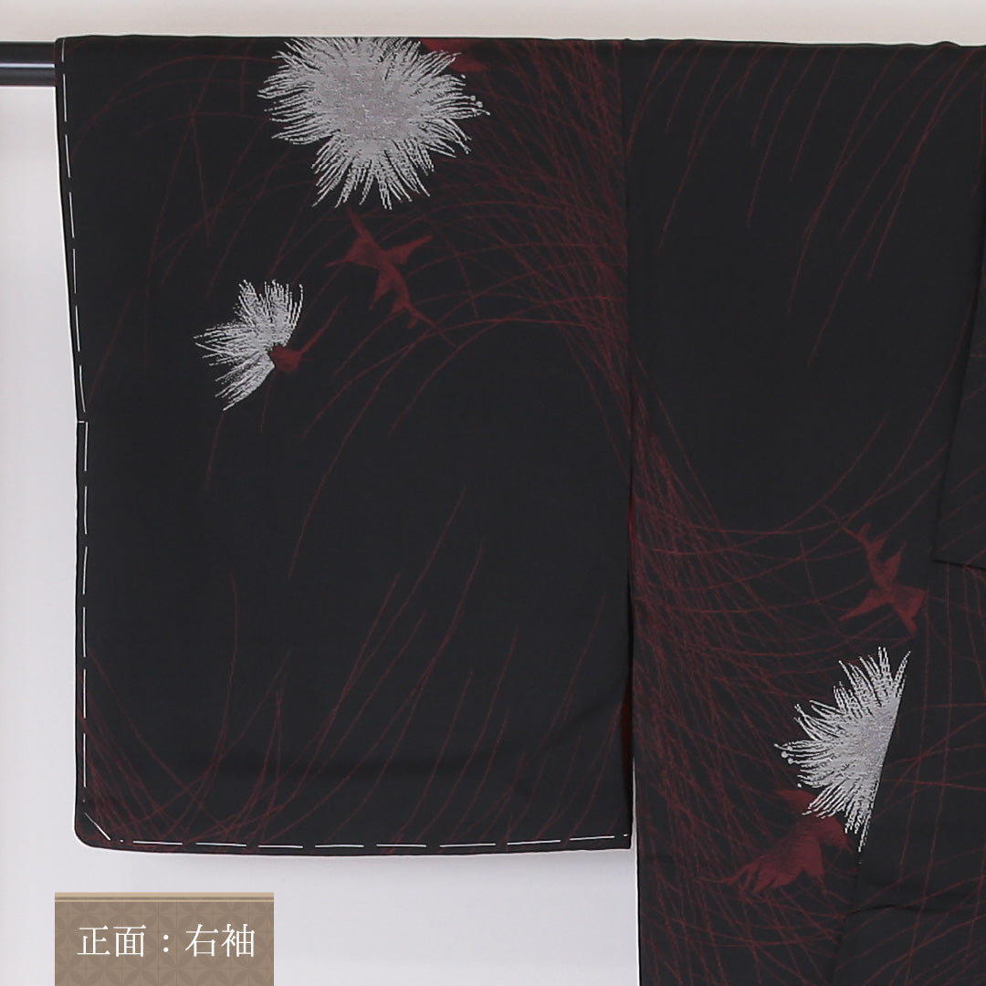 アンティーク お召 袷 身丈149cm 裄丈64cm 正絹 Aランク 広衿 XSサイズ 花柄 黒系 RP 1222-03395