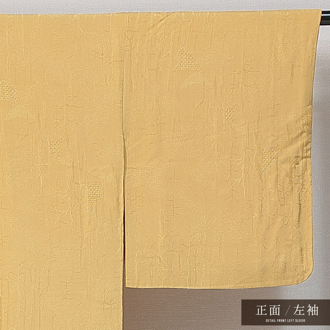 色無地 袷 身丈160cm 裄丈65cm 正絹 Aランク 一つ紋 (丸に片喰) 紋意匠 (創作柄) セミフォーマル 広衿 Lサイズ 無地 黄系 RP 1219-14779